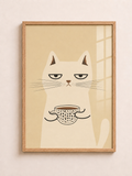 Grumpy coffee cat A3 framed wall art with beige background by Aleno Gallery - aleno.co.uk