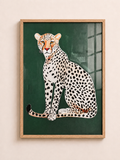 Green cheetah A3 framed wall art with dark green background by Aleno Gallery - aleno.co.uk