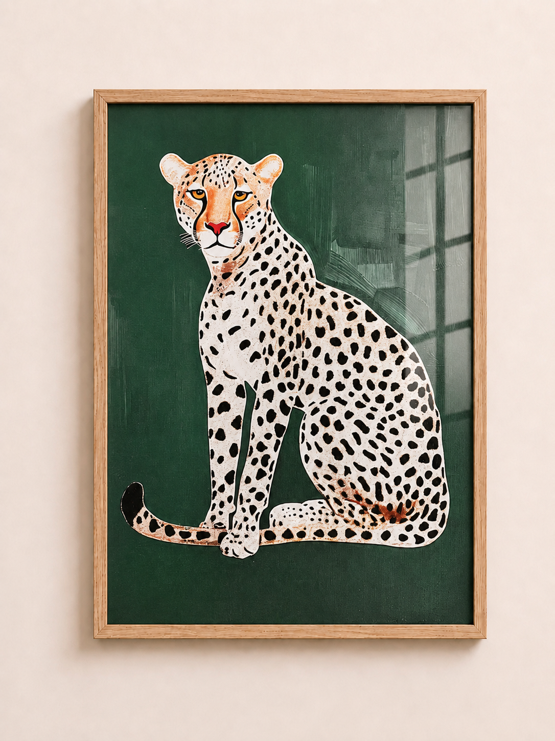 Green cheetah A3 framed wall art with dark green background by Aleno Gallery - aleno.co.uk