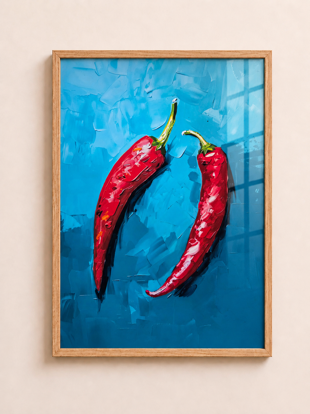 Red chilli peppers A3 framed wall art on blue background by Aleno Gallery - aleno.co.uk
