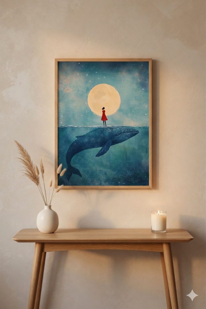 Minimalist Whale Wall Art Print A3 A4 | Modern Ocean Artwork | Framed or Unframed Poster | Home Decor Gift