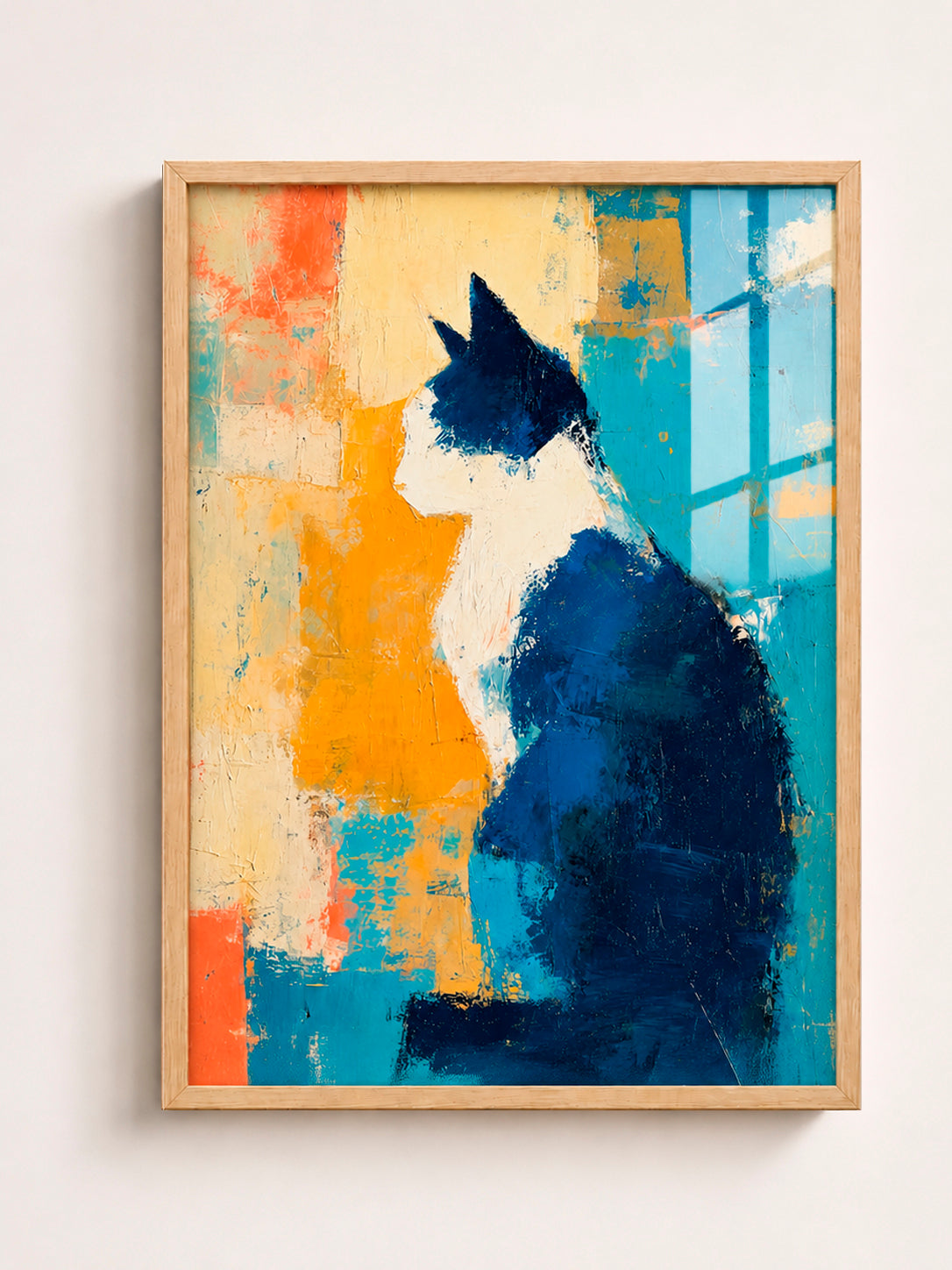 Abstract Blue Cat Wall Art | A3 Framed Modern Pet Print for Living Room