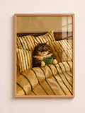 Bedtime tabby cat A3 framed wall art with striped bedding and green cup, available at aleno.co.uk