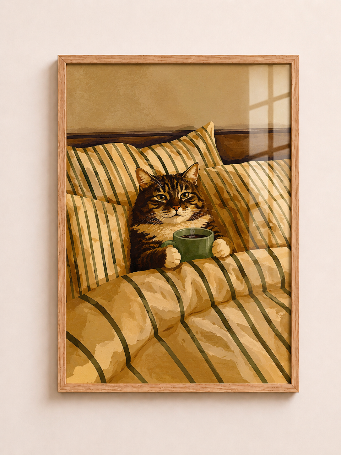 Bedtime tabby cat A3 framed wall art with striped bedding and green cup, available at aleno.co.uk