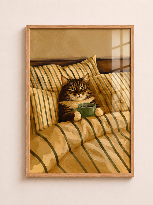 Bedtime tabby cat A3 framed wall art with striped bedding and green cup, available at aleno.co.uk