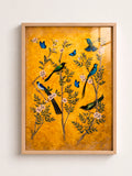 Blue Birds on Gold A3 Framed Wall Art, Botanical Bird Decor, Nature Artwork