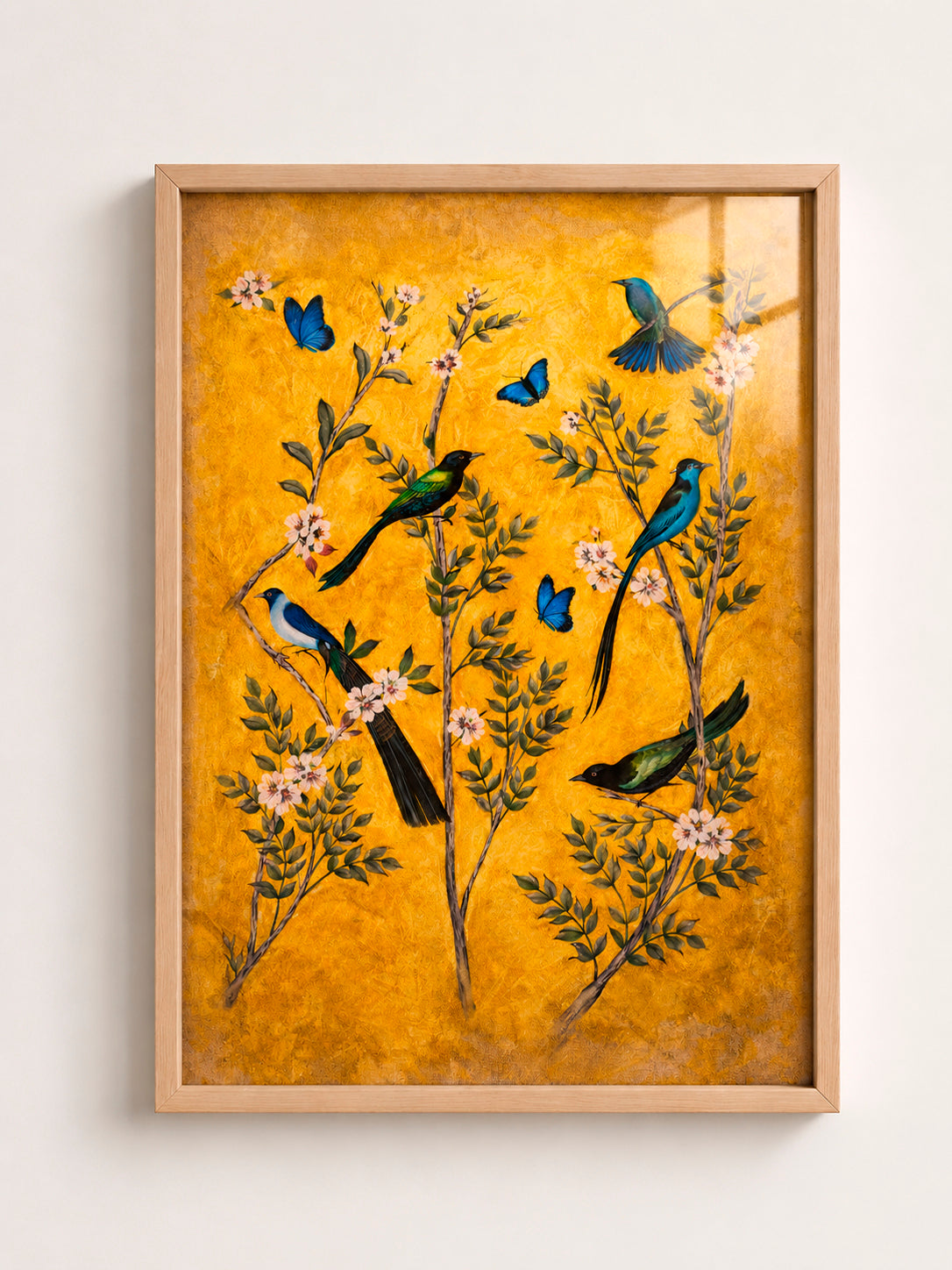 Blue Birds on Gold A3 Framed Wall Art, Botanical Bird Decor, Nature Artwork