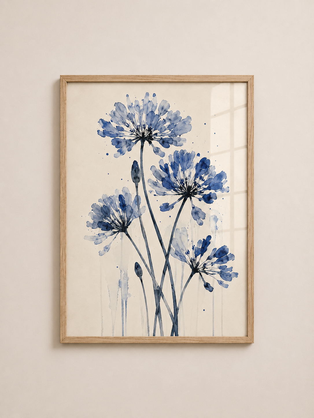 Blue Botanical A3 Framed Wall Art | Watercolour Flower Art for Calm Interiors