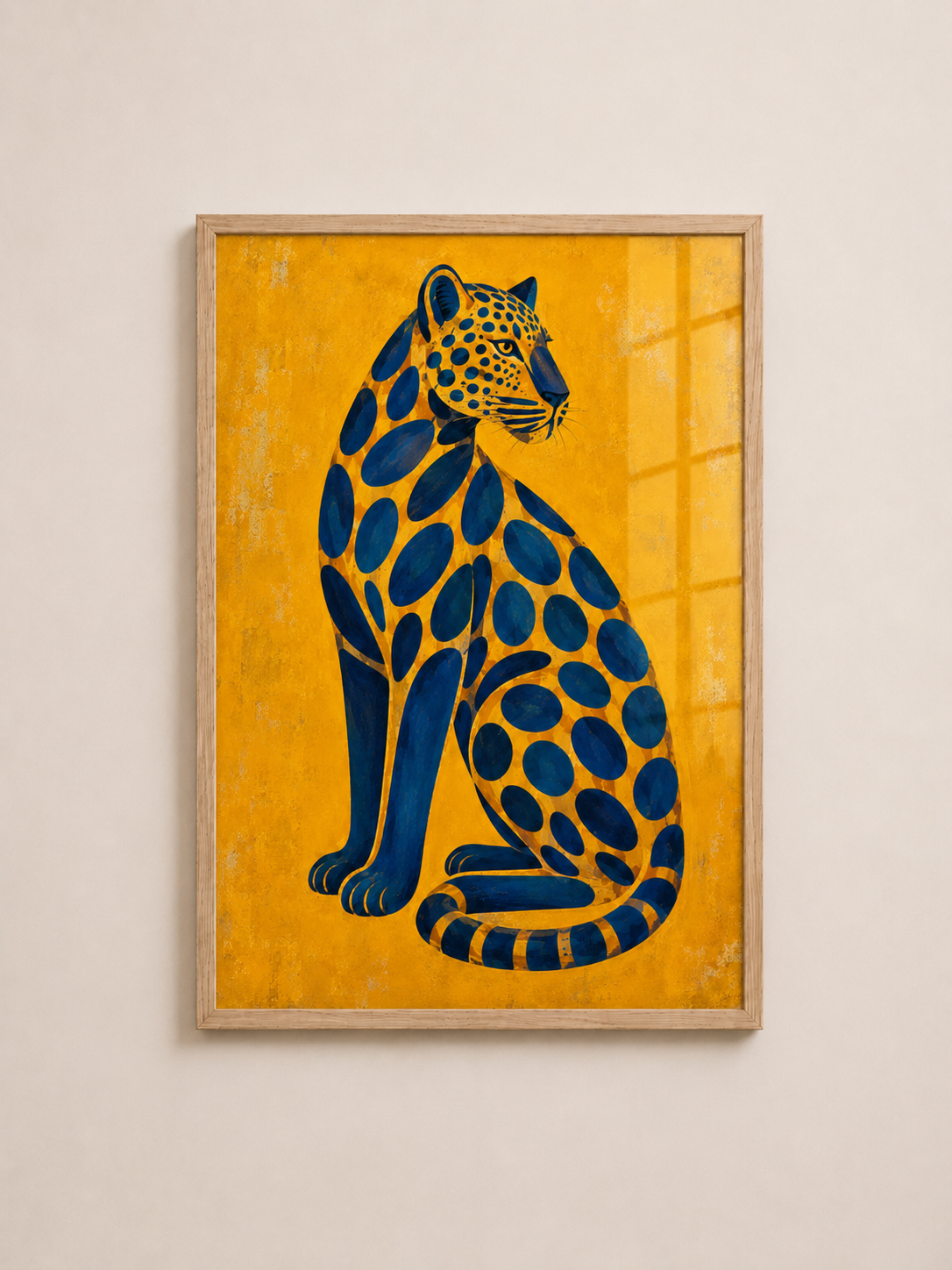 Blue Leopard Yellow Wall Art | A3 Framed Big Cat Print for Living Room