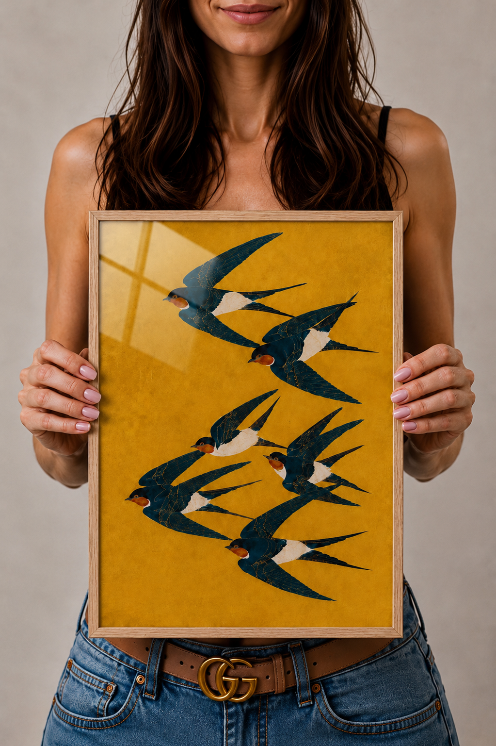 Blue Swallows Yellow Wall Art | A3 Framed Bird Print for Living Room