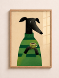 A3 framed wall art showing a black dog in a green striped jumper holding a coffee cup in a warm whimsical animal illustration style
