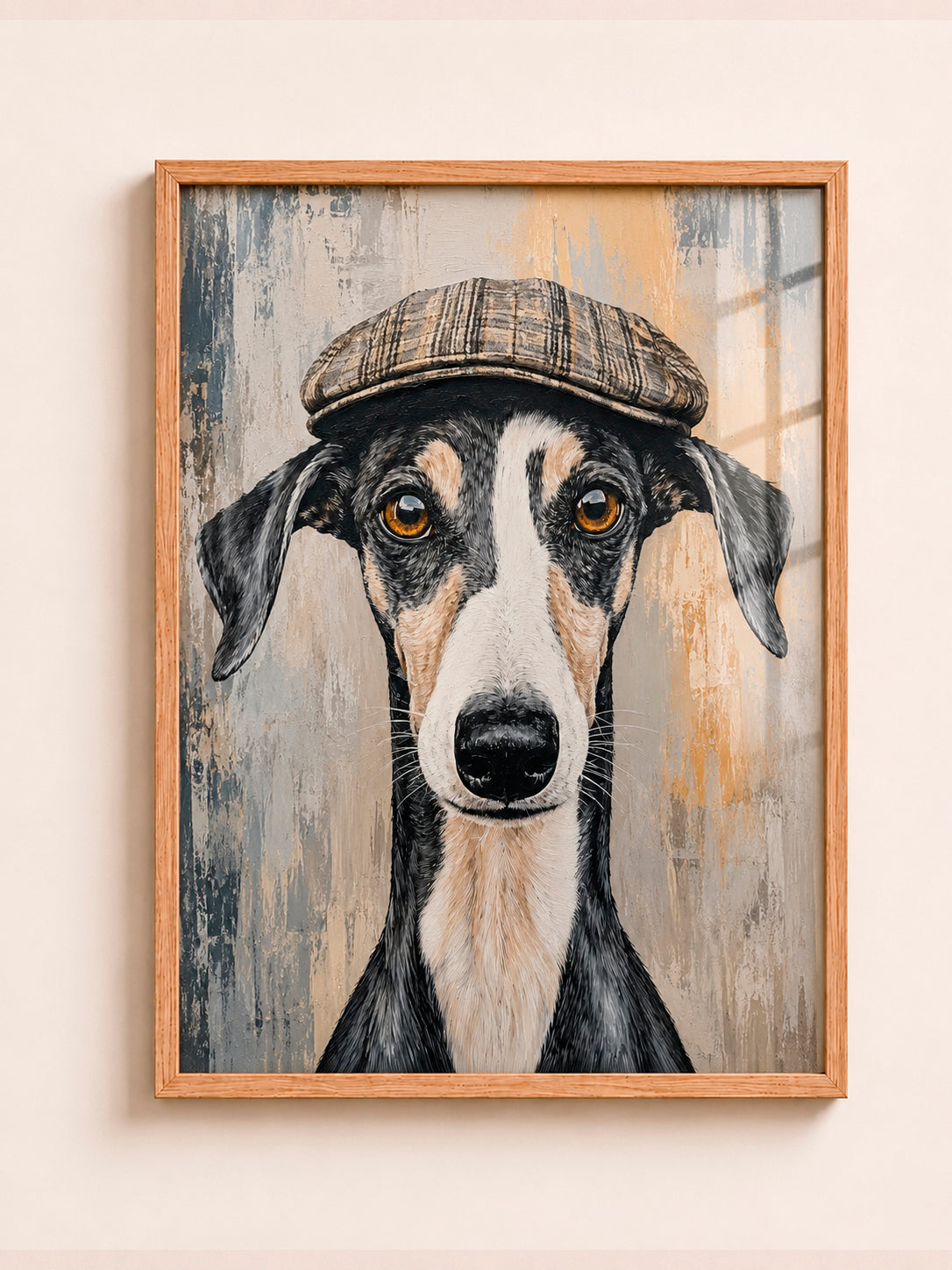 Dapper Greyhound Portrait Flat Cap Dog Wall Art in Quality Frame - aleno.co.uk