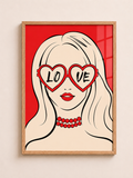 A3 framed wall art showing a pop art girl portrait wearing red heart-shaped glasses with love lettering and red lips