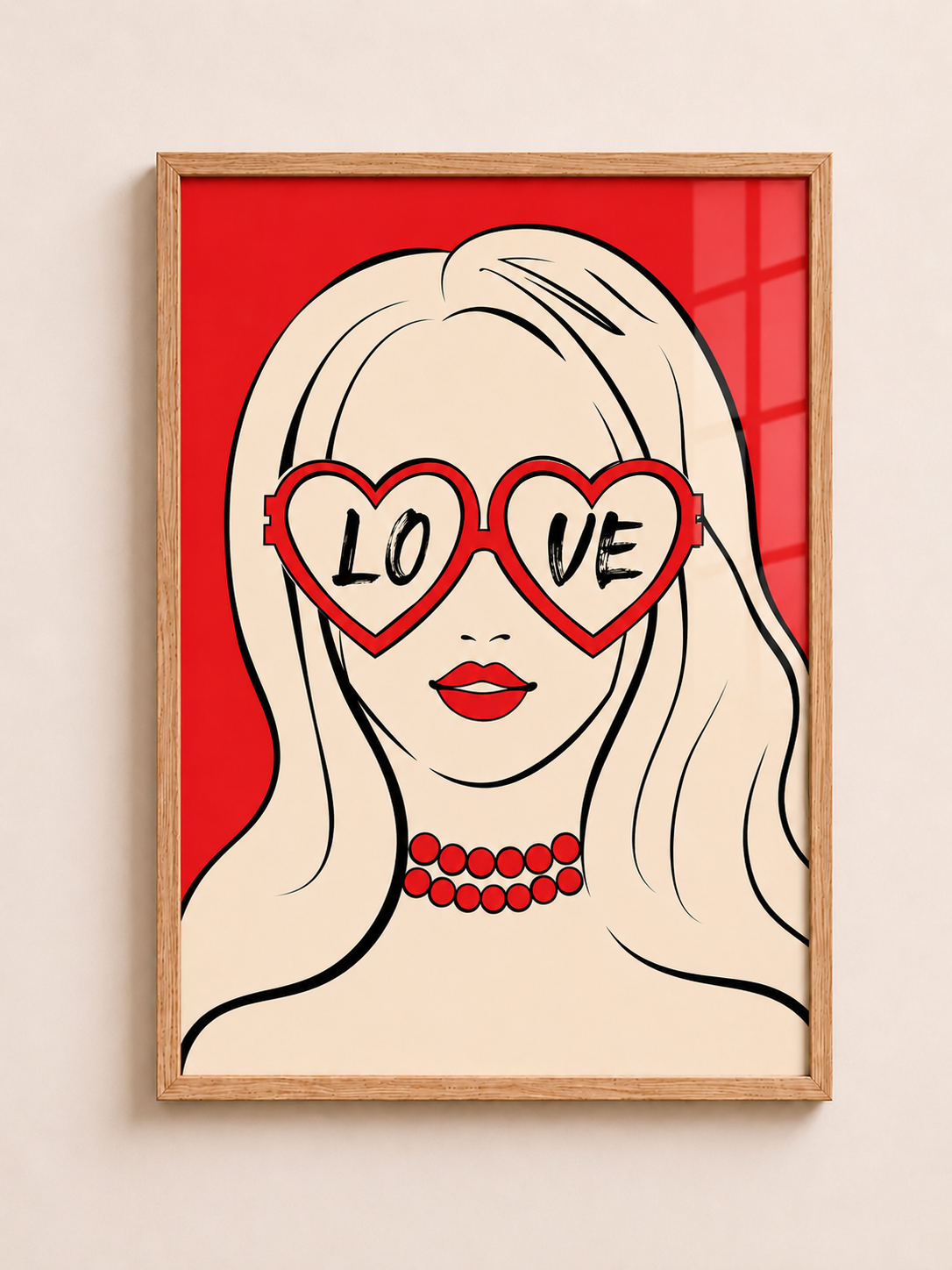 A3 framed wall art showing a pop art girl portrait wearing red heart-shaped glasses with love lettering and red lips