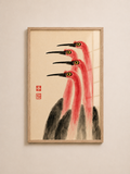 Pink Cranes Wall Art | A3 Framed Bird Print in Minimal Japanese Style