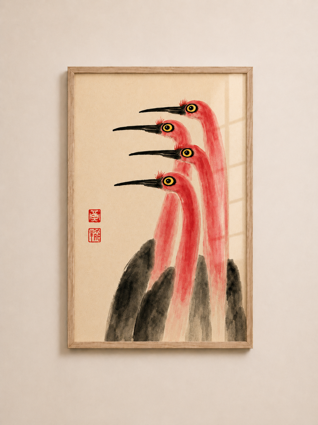 Pink Cranes Wall Art | A3 Framed Bird Print in Minimal Japanese Style