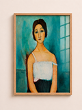 A3 framed wall art showing a melancholic female portrait with soft blue green background and expressive modern figurative style