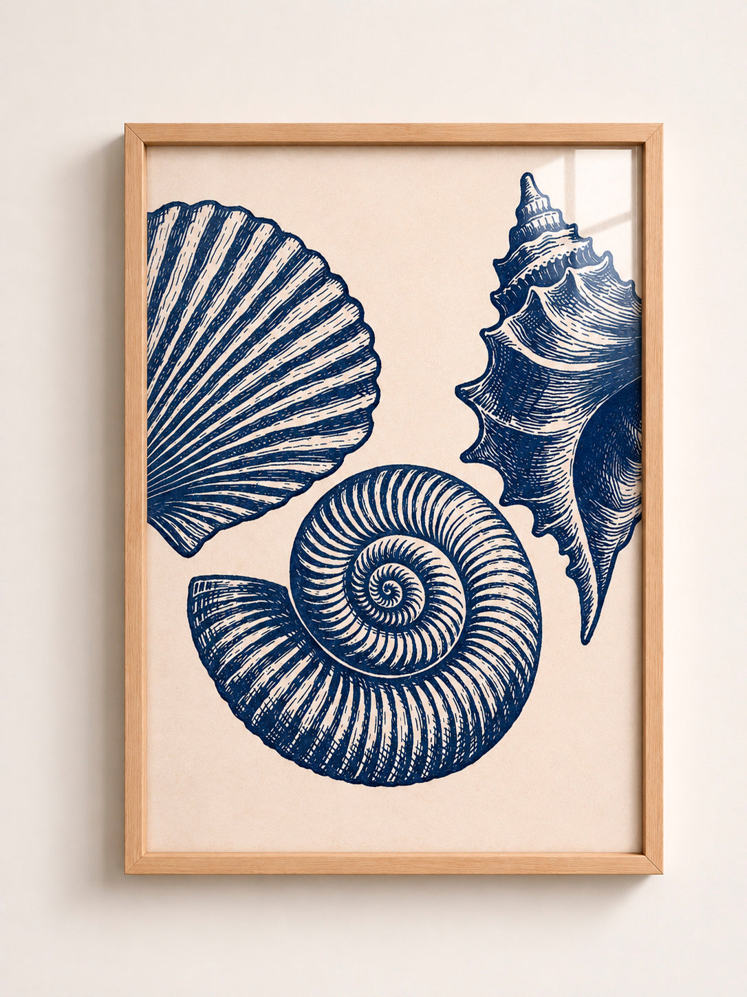 Blue Seashells A3 Framed Wall Art | Coastal Boho Nautical Decor