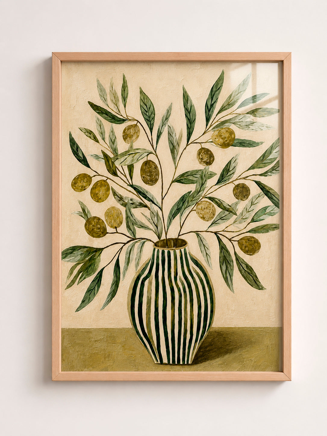 Olive Branch Vase A3 Framed Wall Art, Mediterranean Botanical Decor