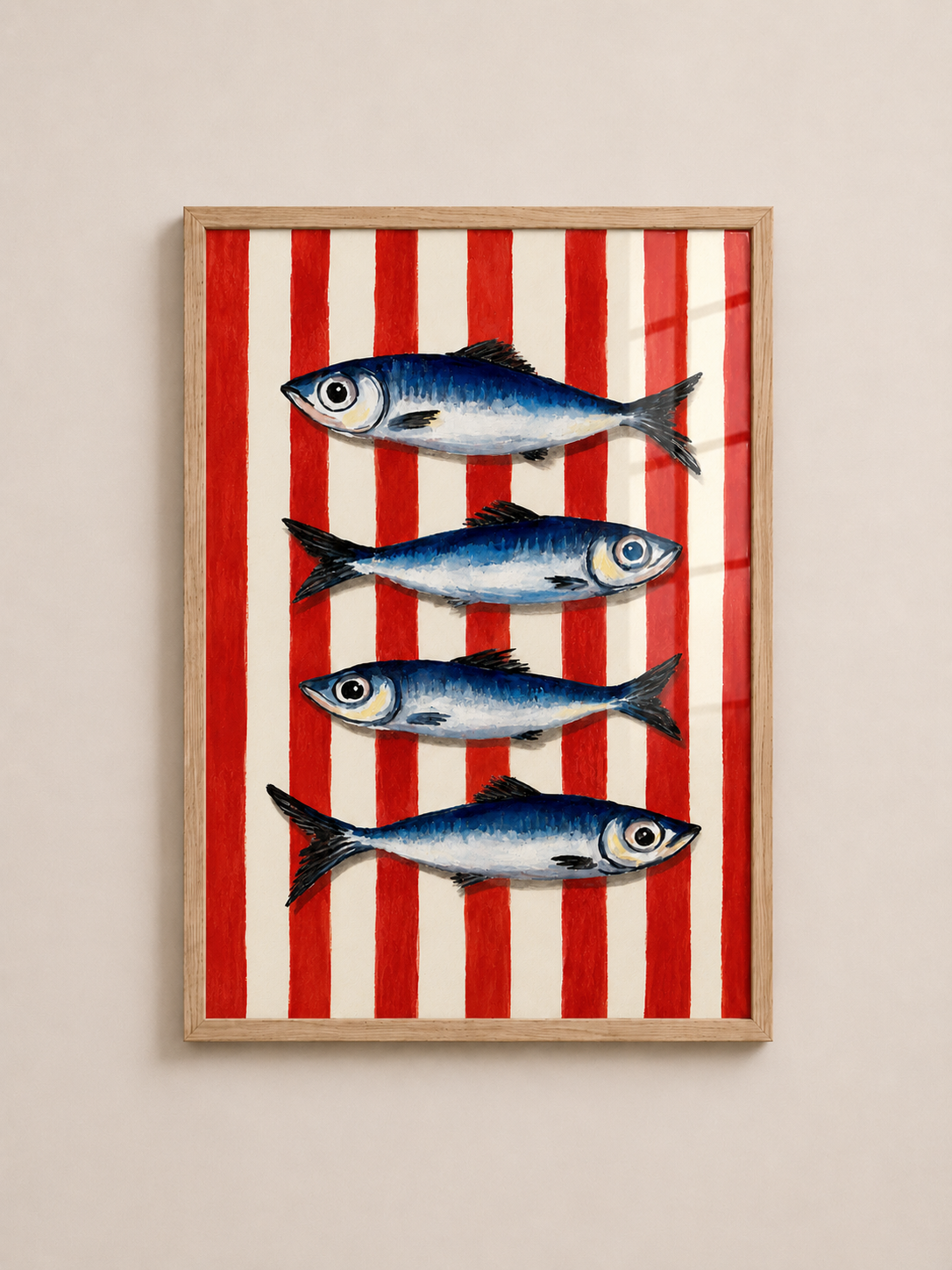 Sardine Stripes A3 Framed Wall Art | Coastal Fish Art for Kitchen Decor