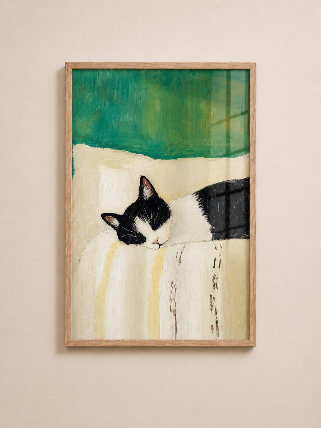 Sleeping Black and White Cat Wall Art | A3 Framed Cozy Cat Print for Home