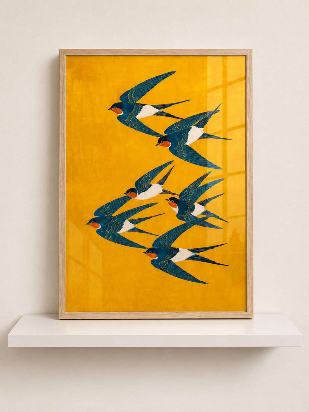 Blue Swallows Yellow Wall Art | A3 Framed Bird Print for Living Room