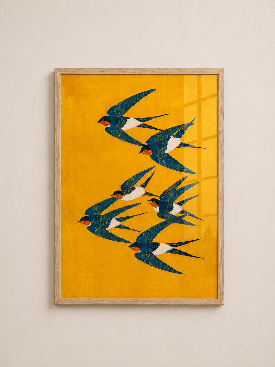 Blue Swallows Yellow Wall Art | A3 Framed Bird Print for Living Room