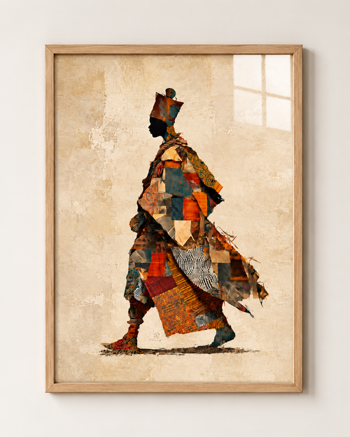 African woman A3 framed wall art in light oak frame with warm beige, orange and teal patchwork portrait by ALENO