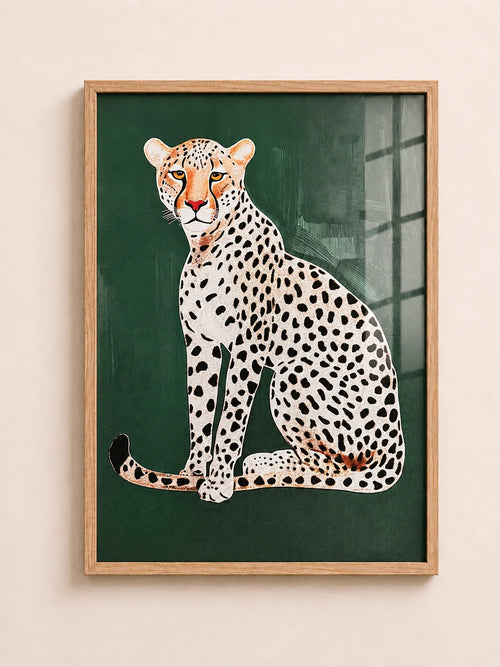 Green cheetah A3 framed wall art with dark green background by Aleno Gallery - aleno.co.uk