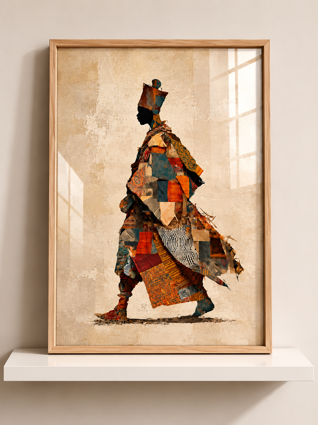 African patchwork woman A3 framed wall art in warm beige, orange and teal tones by ALENO