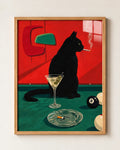 Black Cat Martini A3 framed wall art in Light Oak Effect Frame. ALENO One of One Art.
