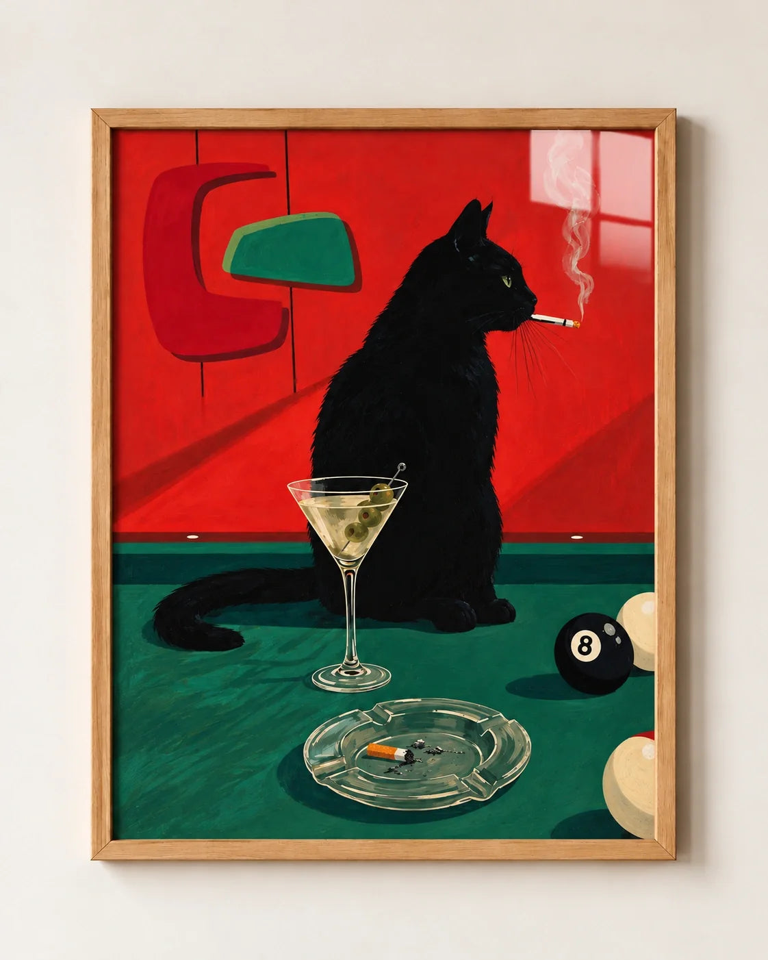 Black Cat Martini A3 framed wall art in Light Oak Effect Frame. ALENO One of One Art.
