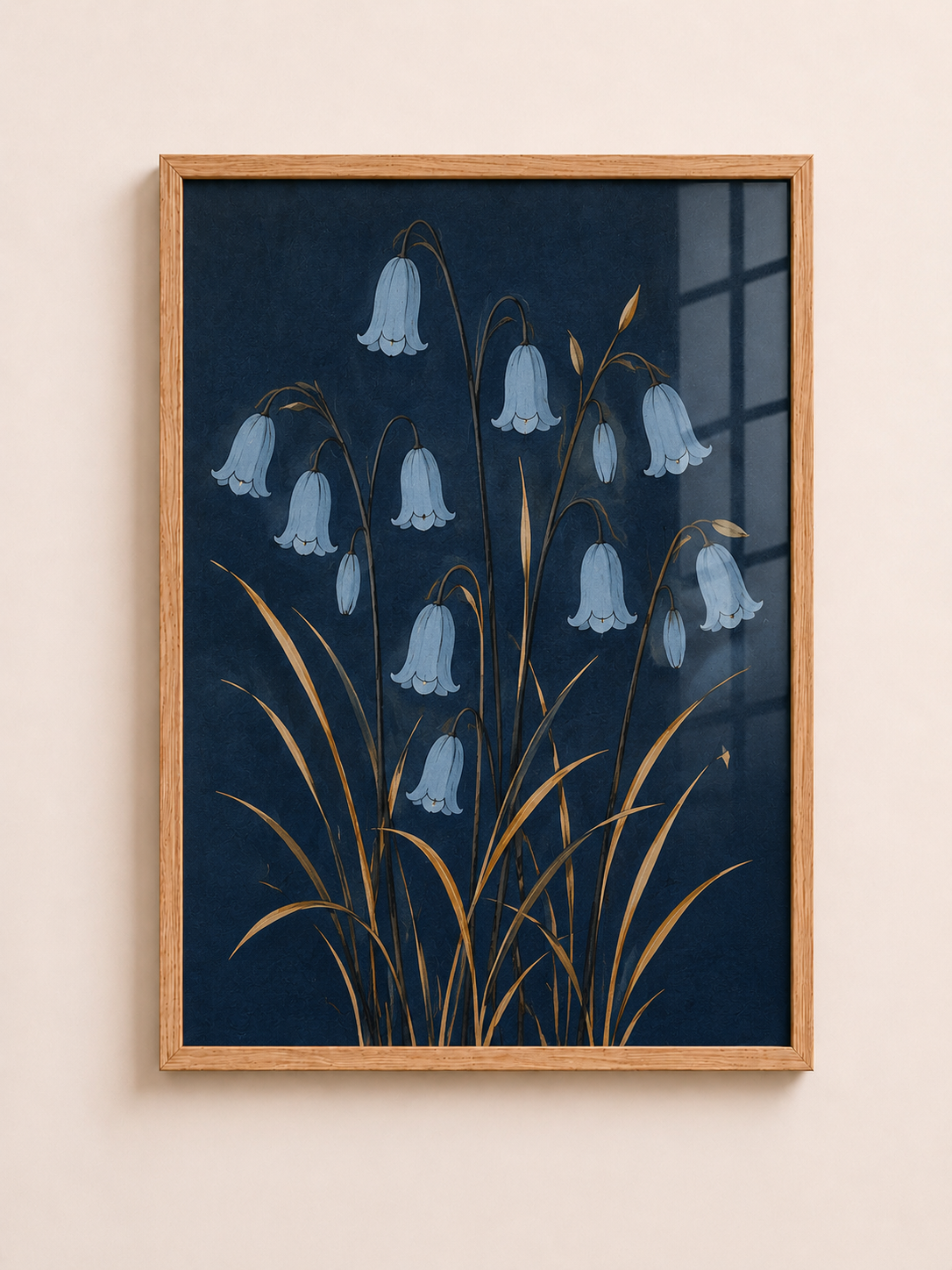 Bluebell botanical floral A3 framed wall art with dark blue nature decor style - aleno.co.uk