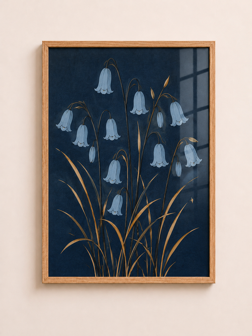 Bluebell botanical floral A3 framed wall art with dark blue nature decor style - aleno.co.uk