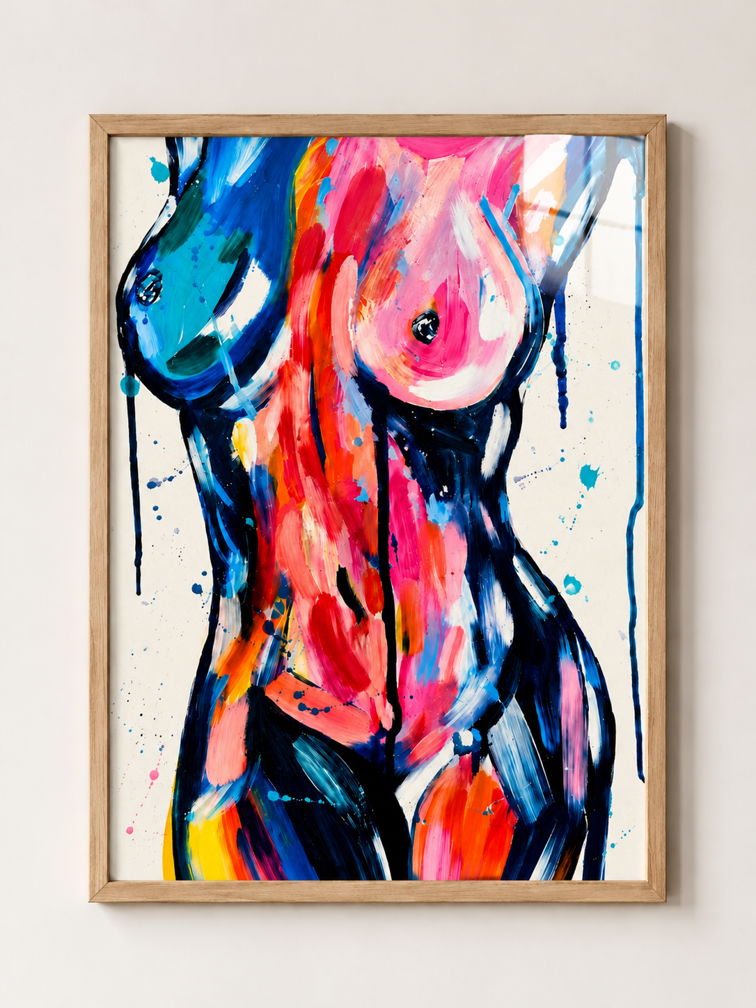 Chromatic Muse A3 colourful abstract female figure wall art – Light Oak Effect Frame
