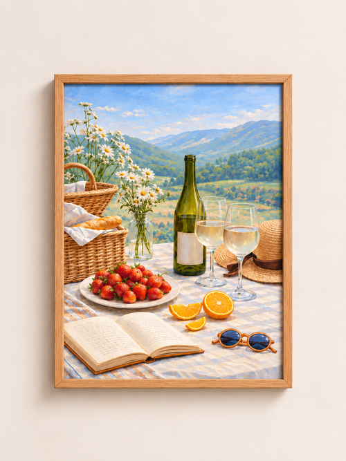 Aesthetic cottagecore summer picnic framed wall art in light oak frame
