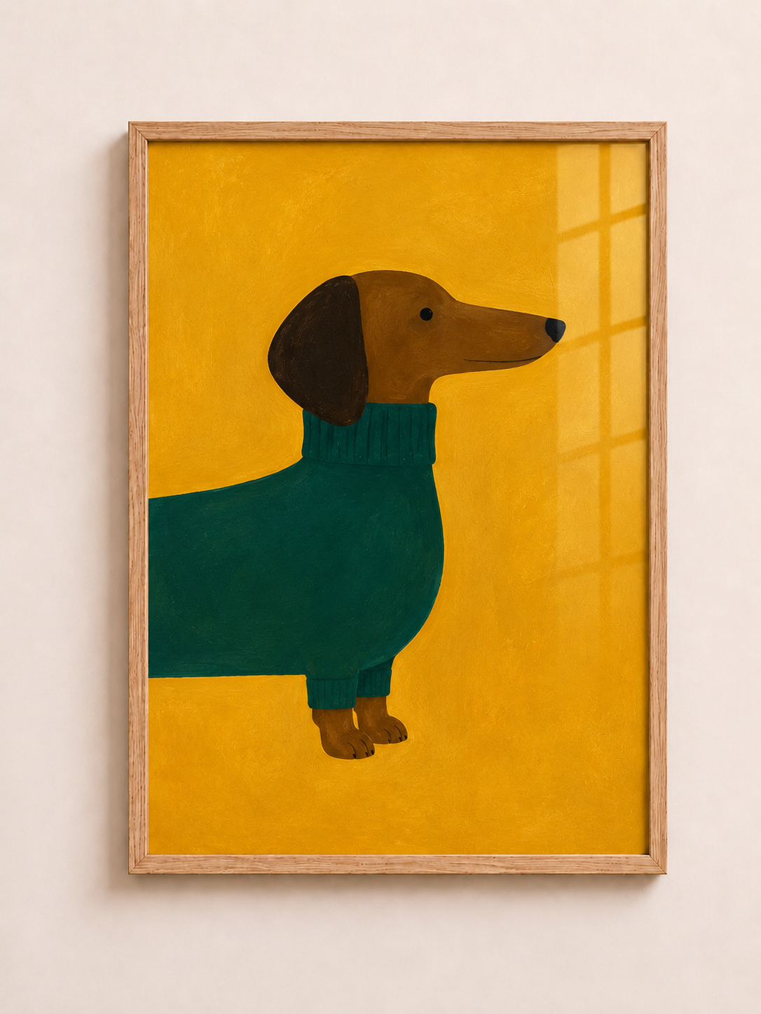 Dachshund dog in green sweater A3 framed wall art for pet lover decor - aleno.co.uk