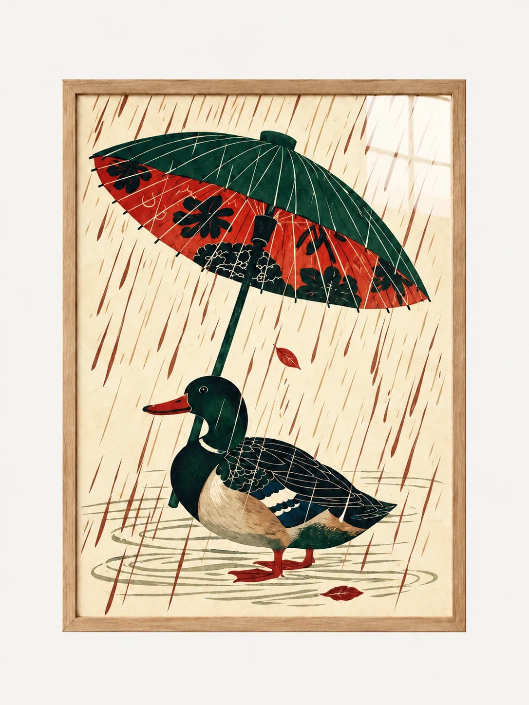 Duck under a green and red umbrella, A3 art print in Light Oak Effect Frame