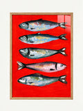 Five colourful sardines on a red background, A3 framed fish wall art in a light oak effect frame