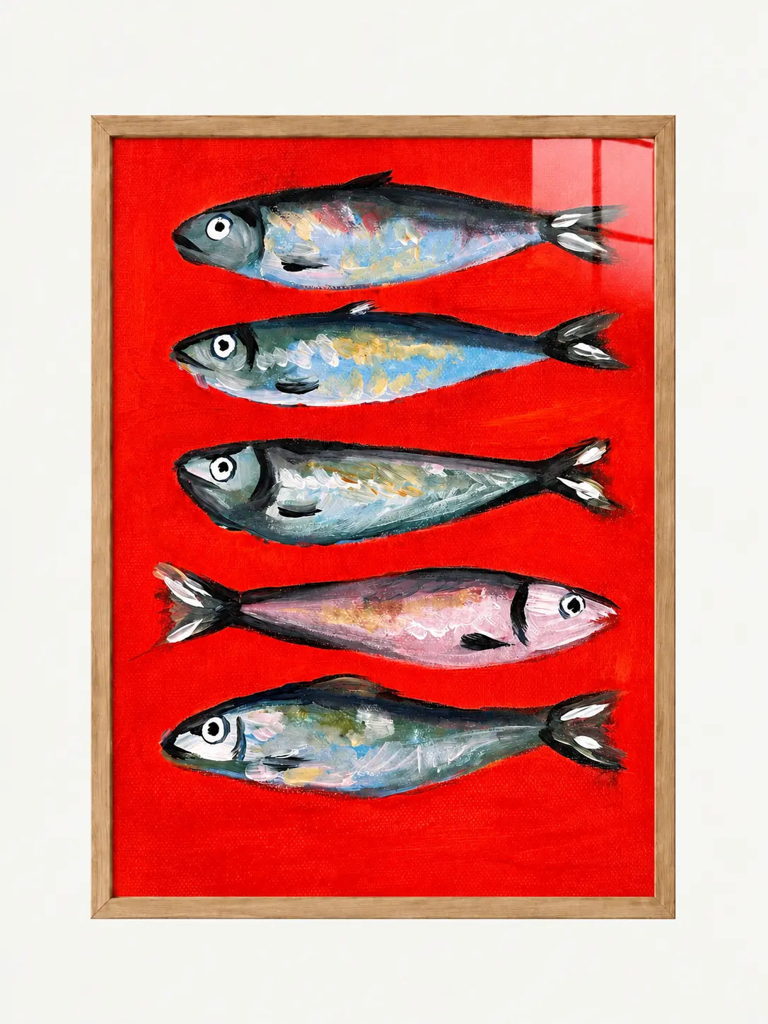 Five colourful sardines on a red background, A3 framed fish wall art in a light oak effect frame