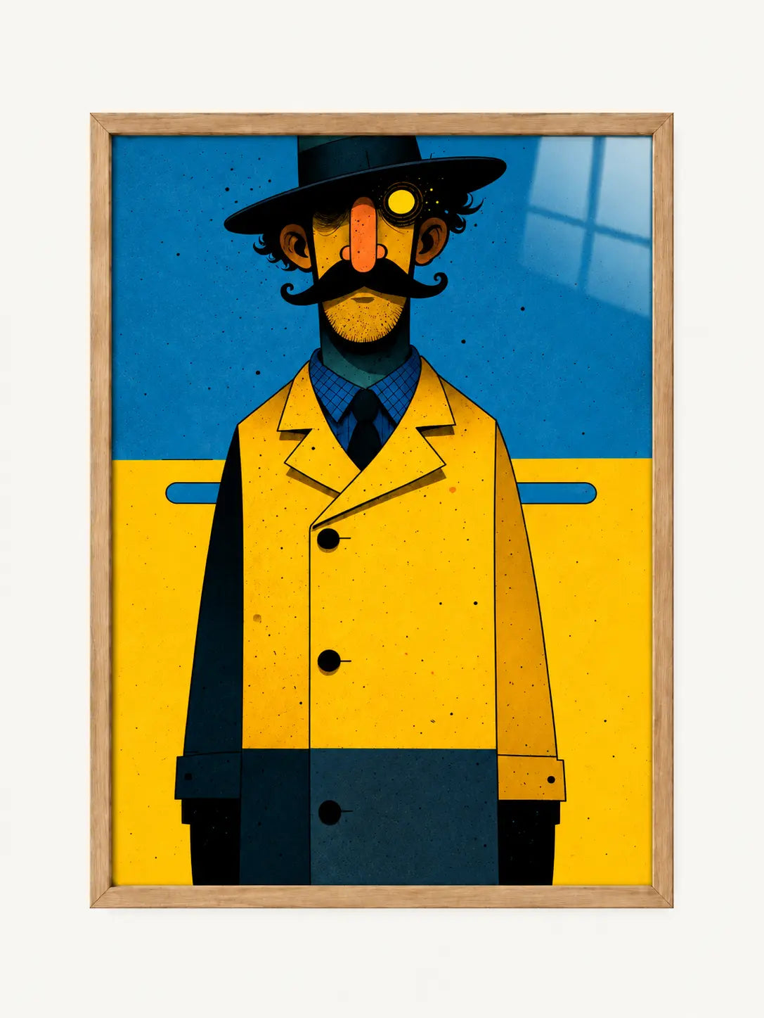 Yellow coat gentleman with monocle, black hat and moustache, A3 framed wall art in a light oak effect frame