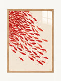 Red fish shoal A3 framed wall art on an ivory background in a light oak effect frame