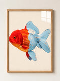 Surreal Goldfish Red and Blue Fish A3 framed wall art print – Light Oak Effect Frame – ALENO