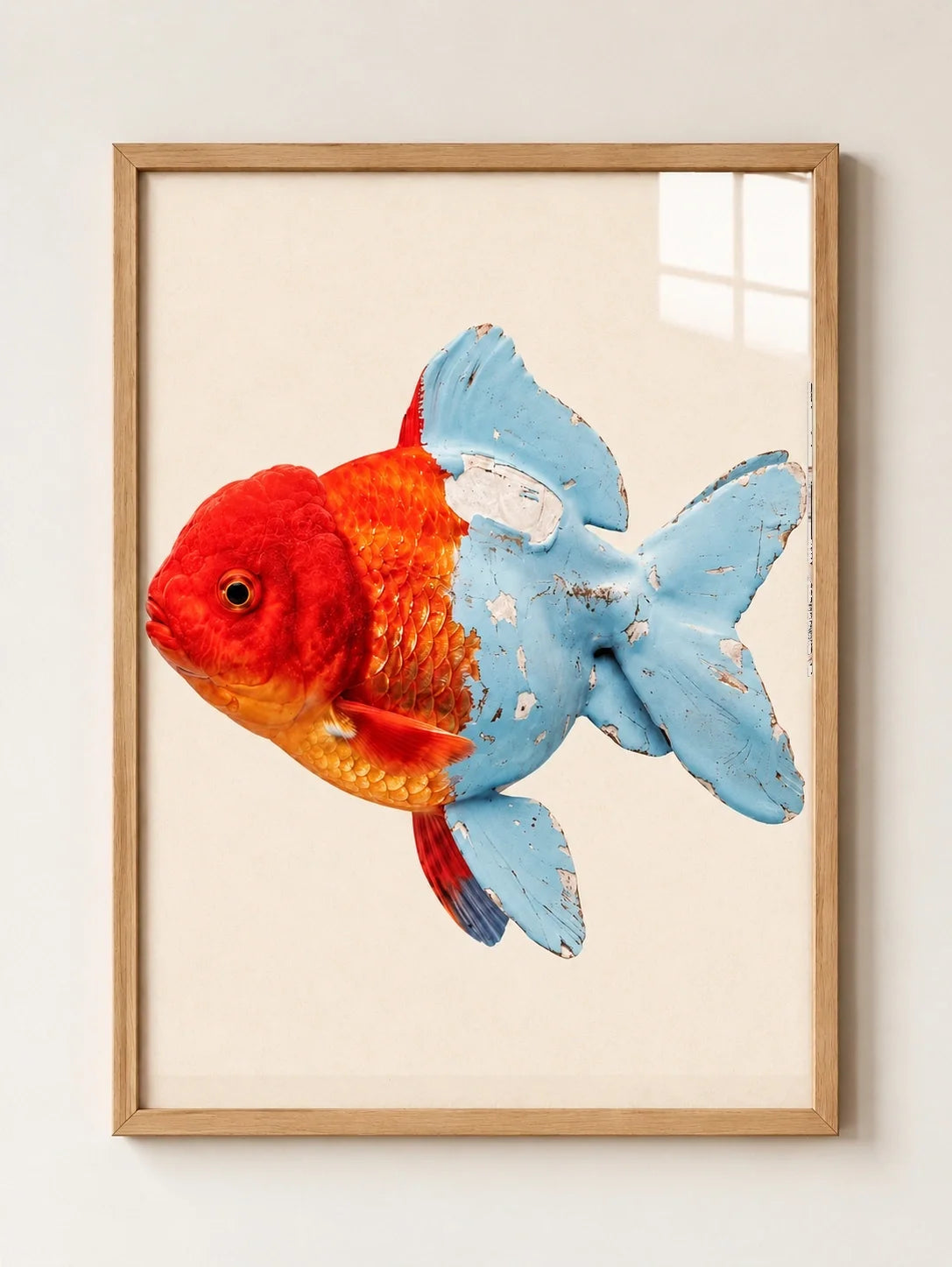 Surreal Goldfish Red and Blue Fish A3 framed wall art print – Light Oak Effect Frame – ALENO
