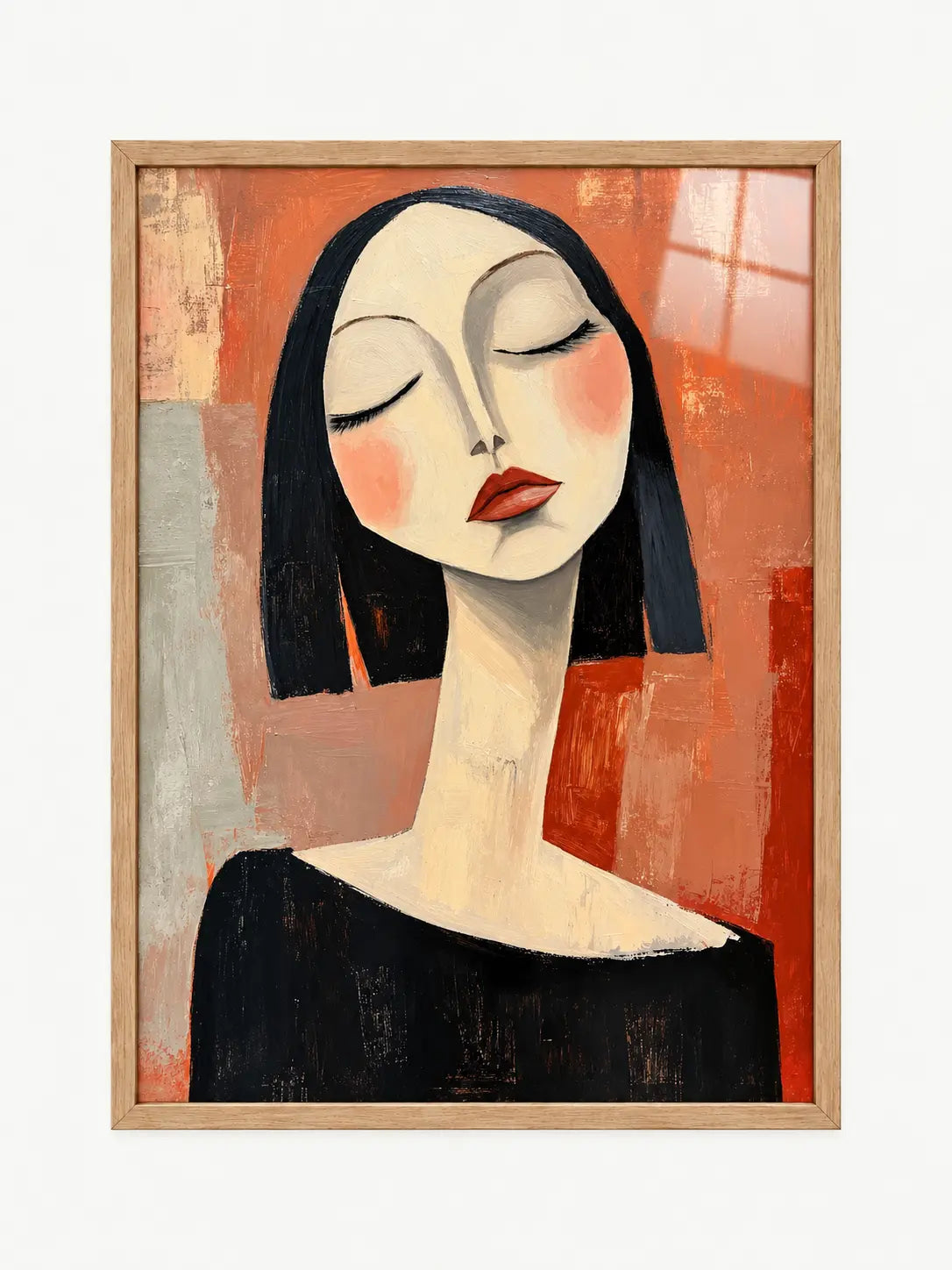 Terracotta woman portrait A3 framed wall art with closed eyes and black bob hair in a light oak effect frame