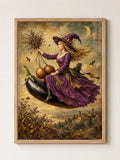 Enchanted Witch on Flying Eggplant A3 framed wall art – Light Oak Effect Frame