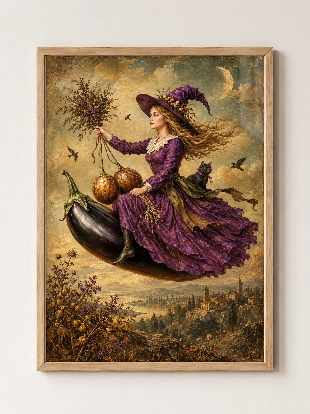 Enchanted Witch on Flying Eggplant A3 framed wall art – Light Oak Effect Frame