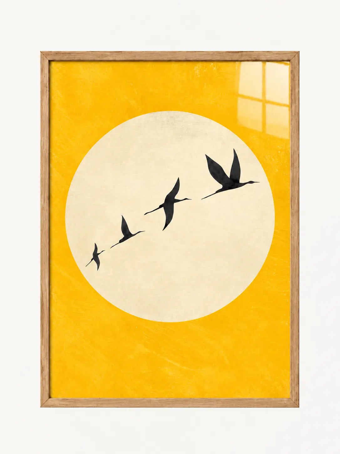 Yellow sun and four flying birds A3 framed wall art in a light oak effect frame