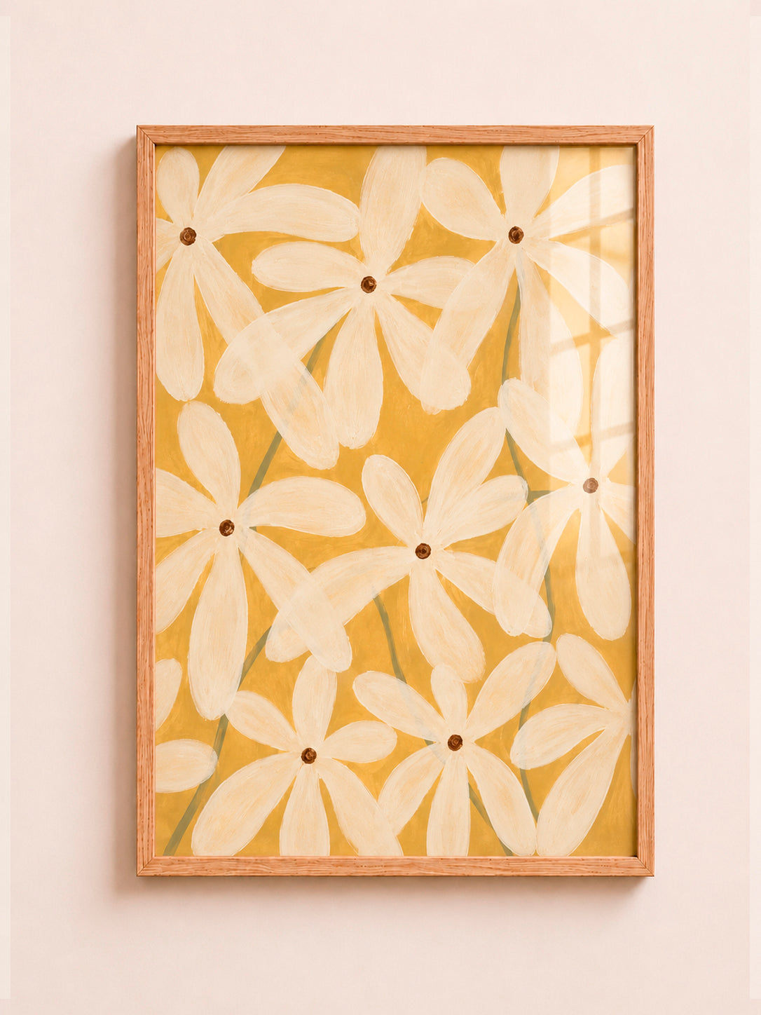 Boho White Daisy Floral Wall Art Mustard Yellow in Quality Frame - aleno.co.uk