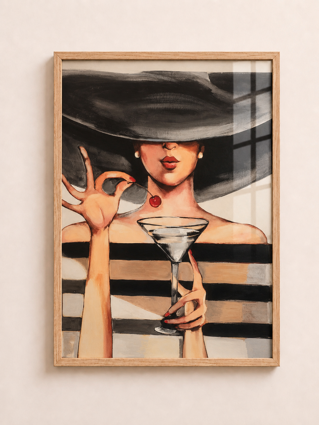 Martini woman A3 framed wall art with black hat and cocktail glass by Aleno Gallery - aleno.co.uk